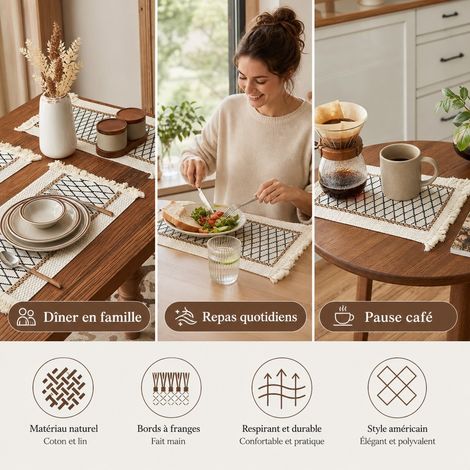 Lot de 3 Sets de Table Tresses Motif Grille Noir en Coton et Lin Naturel, 30 x 45 cm, pour Deco Boheme et Table du Quotidien (1/4)