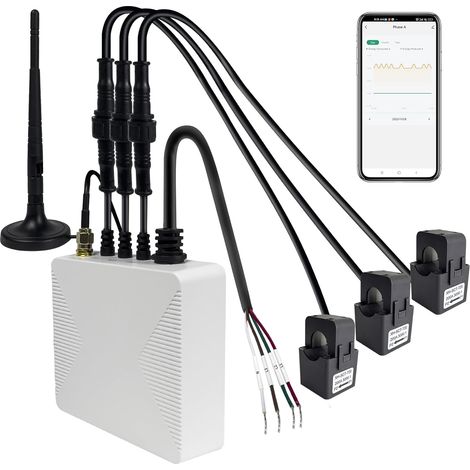 Dreiphasiger WLAN-Energiemonitor für Smart Homes, dreiphasiger Strommesszange mit 3 Pegelsensoren (200 A), Echtzeit-Stromüberwachung, 3 Phasen/200 A