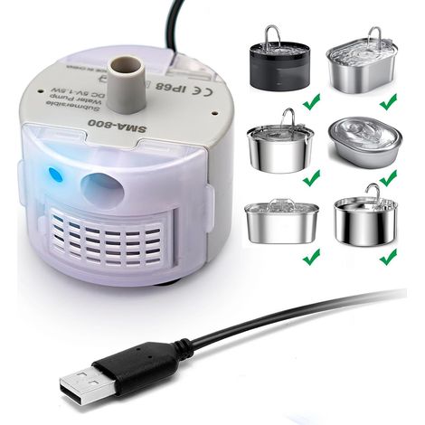 1 pompe pour fontaine à eau, moteur submersible IP68 SMA-800, ultra-silencieuse 20 dB, 5 V CC / 1,5 W, compatible fontaines acier inoxydable pour chats et chiens