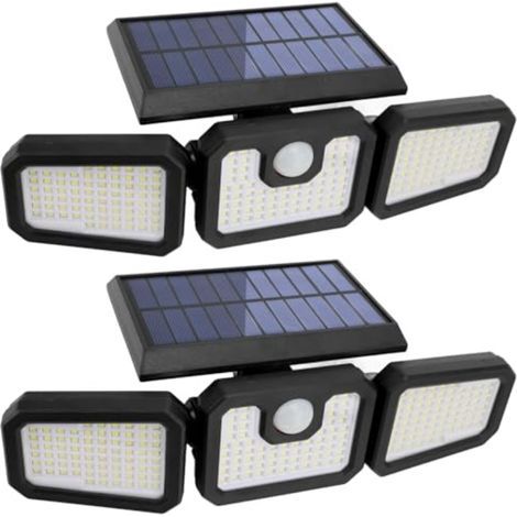 Projecteur solaire extérieur à détecteur de mouvement, trois modes d'éclairage : batterie 2400 mAh, ampoule LED 210, éclairage IP65 à 360°, projecteur de sécurité solaire (ensemble de 2 pièces), noir. (1/5)