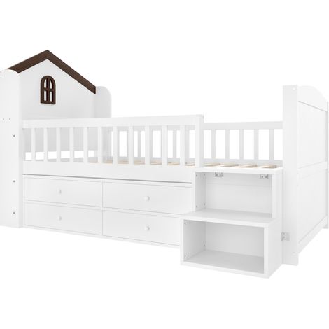 Cama alta media tipo casita 90x200 cm blanca con 4 cajones y LED HOMVRA (1/5)