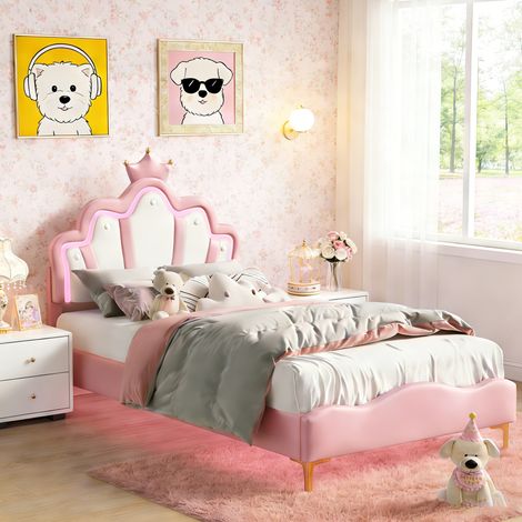 Lit enfant 90x200 avec éclairage LED, lit fille avec tête de lit en forme de couronne réglable, sommier à lattes, lit une place, lit princesse, cuir, PU, Rose (1/5)