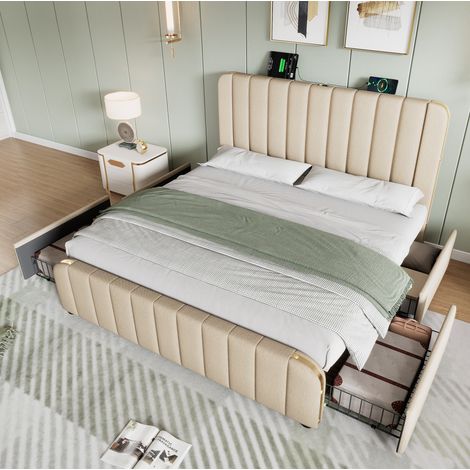 Lit coffre 140x200 avec 4 tiroirs, lin beige HAVRYA (1/5)