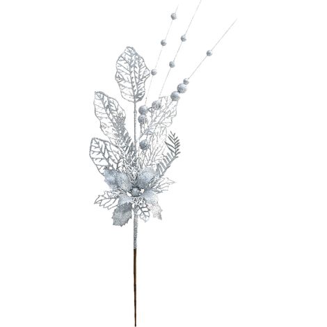 Silver Floral Christmas Stem 42cm, Dazzling Artificial Xmas Pick for Wedding Party & Company Events-KZQ (1/2)