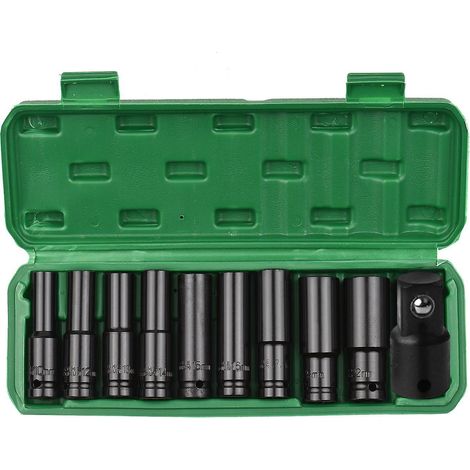 1/2-Zoll-Antrieb Sechskant-Schlagschrauber-Steckschlüsselsatz, 10-teilig, tiefe Steckschlüssel, metrische Größen 10–22 mm und 3/8-Zoll-Adapter