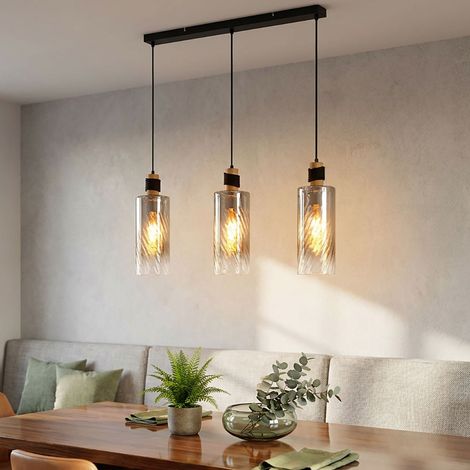 LED Hängelampe Pendelleuchte Metall schwarz Holz braun Glas rauchfarben H 150cm (1/5)
