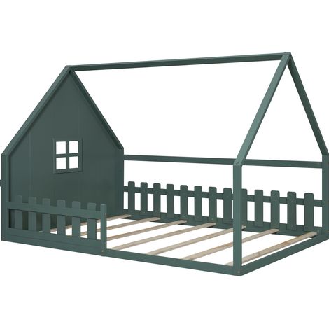 Cama infantil tipo casita con barreras 140 x 200 cm en pino y MDF verde HOMVRA (1/5)