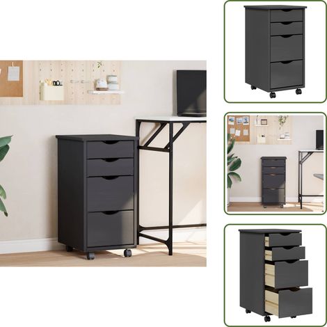 The Living Store Armoire roulante avec tiroirs MOSS gris bois de pin solide - Meuble Roulant - Commode - Classement - Tiroir - Rangement