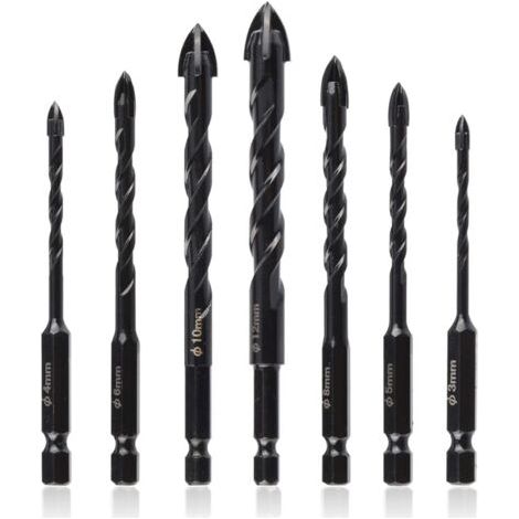 Sollbry 7Pcs Forets Hélicoïdaux en Carbure de Tungstène 3-12mm Forets à Maçonnerie en Tige Hexagonale 1/4 pouce Mèche Foret Croisé pour Perçage sur Béton, Pierre, Carreaux, Céramique, Bois, Verre