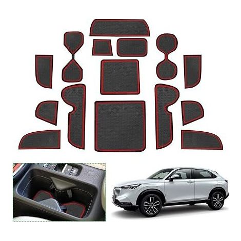 HR-V 2022-2026 2027 Non-Slip Mats, HRV Accessories Rubber Mats Center Console, Cup Holder, Storage Box, Door Stitching Red (1/4)