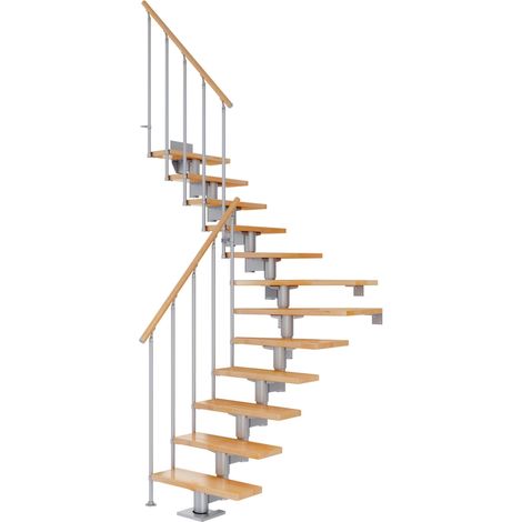 Dolle Mittelholmtreppe Cork Buche, lackiert 1/4 gewendelt 79 cm breit für GH 240 – 292 cm UK Metall Perlgrau mit Geländer