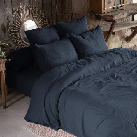 Parure de lit 140x200 double gaze de coton marine Terre de Nuit (1/4)