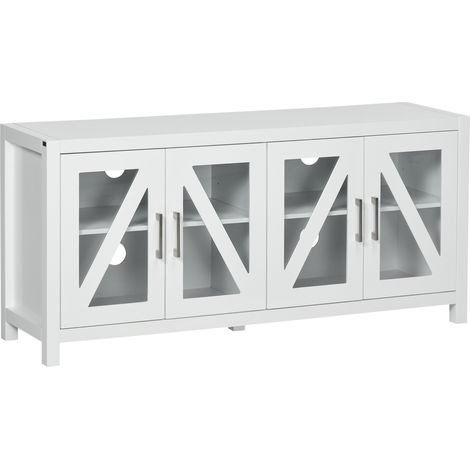 Meuble TV pour écrans jusqu'à 58" – 4 portes vitrées, étagères réglables – 130 x 35 x 60 cm – Blanc