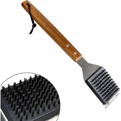 Brosse de nettoyage pour barbecue, brosse 3 en 1 avec grattoir en acier inoxydable, poils en laiton et manche en bois extra long à isolation thermique, brosse pour four à pizza, pour (1/5)