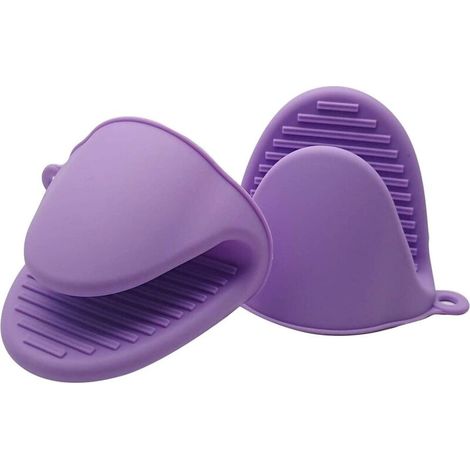 (Lila, 2 Stück) Silikon-Ofenhandschuhe, sofort einsatzbereit für Töpfe und Pfannen oder als Topfuntersetzer oder Tortenständer in der Küche. Ofenhandschuhe und Handschuhhalter. (1/4)