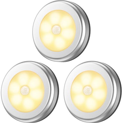 Lot de 3 lampes à détecteur de mouvement améliorées, veilleuses LED sans fil à piles, éclairage d'armoires et d'escaliers, spots encastrés, éclairage de sécurité pour couloir, argent. (1/5)