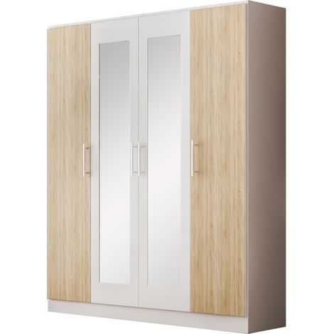Armoire de chambre 4 portes battantes bois blanc brillant et bois naturel mat Dova 162cm (1/4)