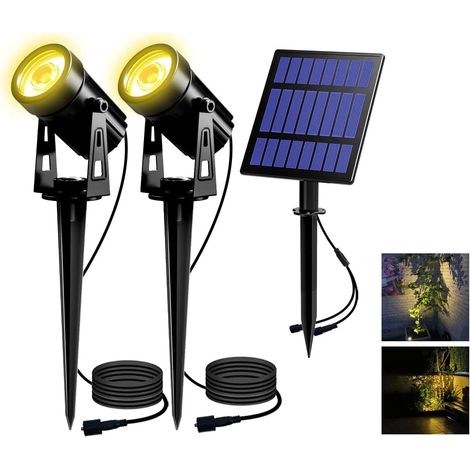 - Foco solar 2 en 1 para jardín, lámpara solar para exteriores, impermeable IP65, para árboles, jardines, caminos, césped y terrazas (amarillo cálido 3000 K) [Clase energética A+]