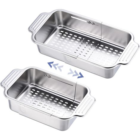 Scolapasta estraibile da posizionare sopra il lavello, scolapasta regolabile per frutta e verdura, acciaio inox, argento (1/5)