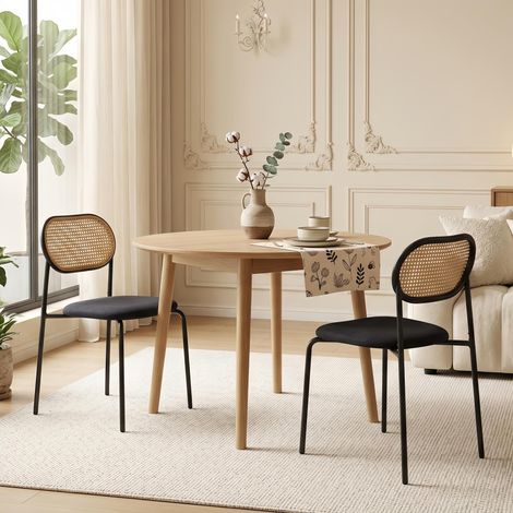 Lot de 2 Chaises Tissu Noir - Dossier en Cannage de Rotin - Design Bohème et Moderne - Idéal pour Salle à Manger, Bar et Café