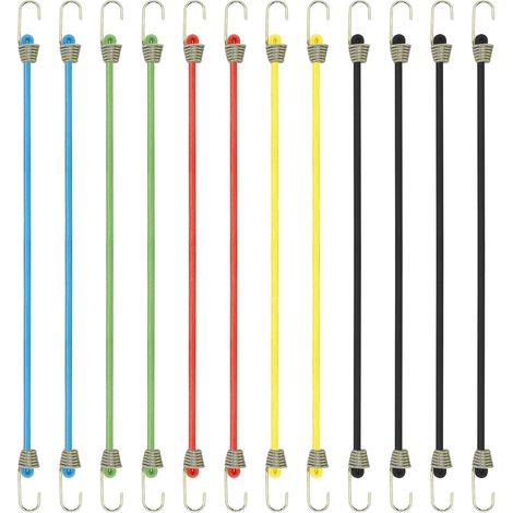 12 reißfeste Mini-Gummischnüre, 25,4 cm lang, mit Haken, mehrfarbig, für Fahrrad/Gepäck/Plane/Wohnmobil