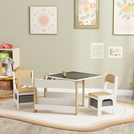 3-teiliges Kindertisch-Set mit 2 Stühlen, wendbarer Kreidetafel-Tischplatte, Aufbewahrungskorb und Regalen