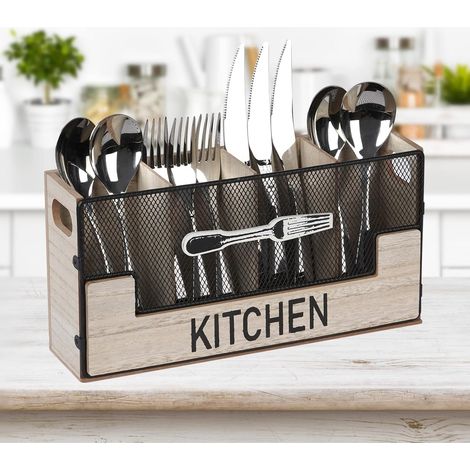 Besteckhalter aus Holz mit 4 Fächern, Besteckaufbewahrung für den Tisch, dekorative Besteckaufbewahrung, Besteckkorb, Küchenutensilienhalter für Gabeln, Messer