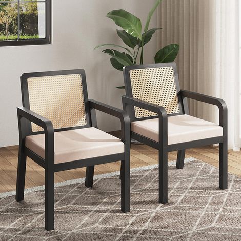 Chaises de salle à manger (2 pièces), revêtement en velours, design ergonomique, dossier en rotin tressé, pieds en bois d'hévéa, noir (1/5)