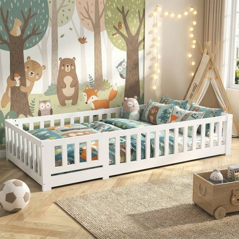 Lit enfant 90x200, lit simple, lit montessori, lit au sol avec barrière et portillon de sécurité, cadre en bois et métal, style moderne/scandinave(90x200cm, Blanc)