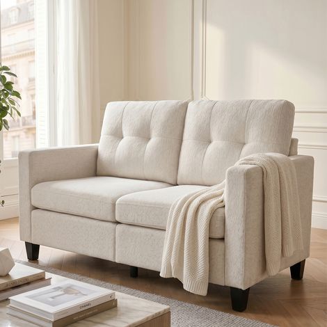 HIPIHOM Modernes Sofa, Mid-Century Loveseat mit atmungsaktivem Stoff und Massivholzbeinen, hochdichtes Schwammsofa für Wohnzimmer, Schlafzimmer, Büro (2-Sitzer, Beige)