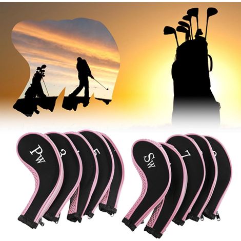 Couvre-tête de Fer de Golf, 10 pièces étanche néoprène Club de Couvre-tête de Fer, Capuchon de Golf Protection Housse de Protection Accessoire pour Putter Ensemble étui (Rose)