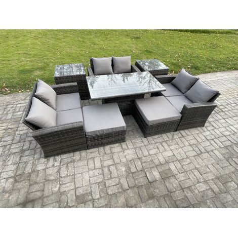 Fimous Polyrattan Gartenmöbel Set Einstellbare Höhe Esstisch Sofa Set mit Doppelsitz-Sofa 2 Großer Fußhocker 2 Beistelltische Dunkelgrau Gemischt (1/5)