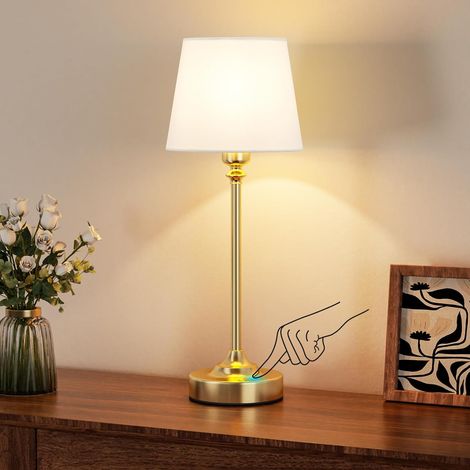 Lámpara de noche táctil, lámpara de mesa LED, inalámbrica, batería recargable, atenuación continua, pantalla de lino blanco, para decoración de dormitorio, sala de estar y cocina (latón) (1/5)