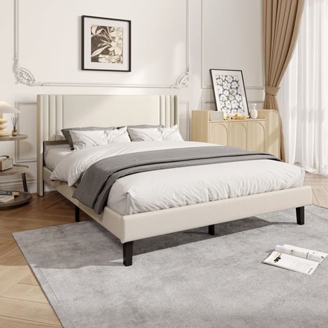 Bett 160x200 cm, Lattenrost, Leinenstoff, 160x200 cm Erwachsenen-Bettgestell, Doppelbett 160x200 cm, 2-Personen Bett, Beige, modernes Design (1/5)