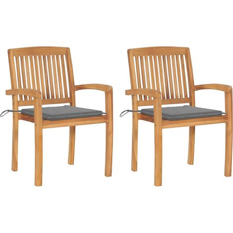 vidaXL Chaises de jardin lot de 2 et coussins gris Bois de teck massif (1/5)