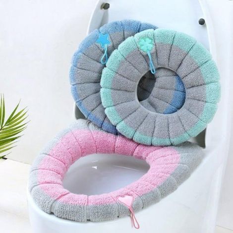 Protège-sièges de toilettes universels - Lot de 3 - Souples et confortables - Avec anneau de suspension - Rose, vert, bleu (1/4)