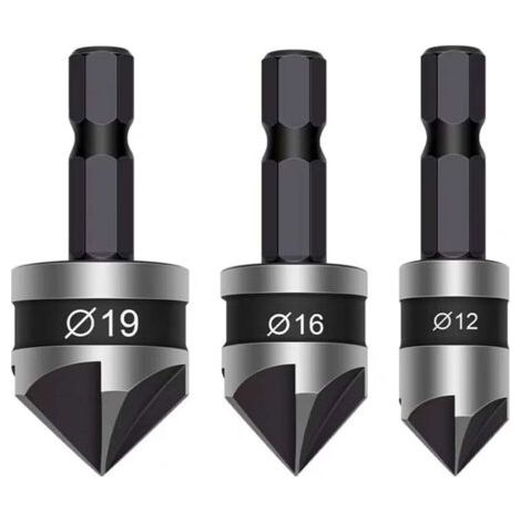 Lot de 3 forets coniques à tige hexagonale de 6,35 mm, 5 cannelures, centre à 90 degrés, 12 mm, 16 mm, 19 mm pour travail du bois, perceuse à bois, métaux doux (noir) (1/5)