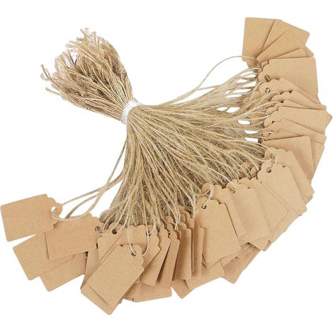 200 braune Preisschilder aus Kraftpapier mit angenähter Schnur, beschreibbare Anhänger zum Aufhängen für Kleidung, Schmuck und Waren, Maße 3,5 x 2,2 cm