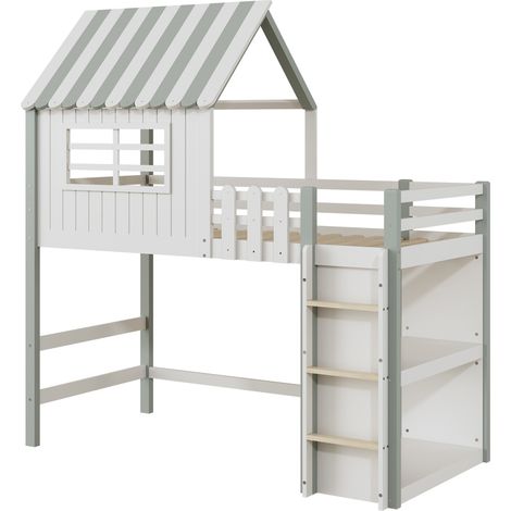 Kinder-Hochbett 90x200 cm aus grünem Holz mit Sicherheitsleiter und Stauraum (1/5)