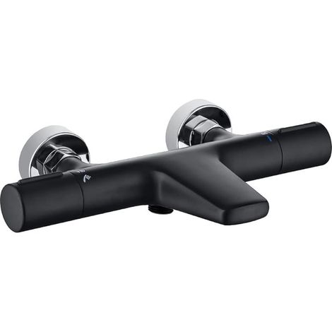 Robinet de Baignoire Cascade Thermostatique, Mitigeur de Bain Douche Laiton avec 2 Fonctions, Robinet de Bain Thermostatique à 40°C pour Salle de Bains, Noir (1/5)