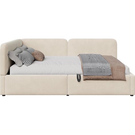 CHICFURN Sofá cama tapizado 140x200 en tela beige con arcón hidráulico, cabecero alto reversible y diseño que ahorra espacio para dormitorio, invitados y jóvenes (1/5)