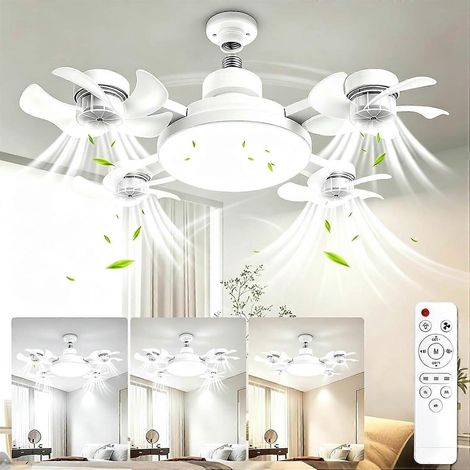 Ventilateur de plafond 4 têtes pliable E27, lumières télécommande, tige extension, 3 températures couleur, 3 vitesses silencieux (1/5)