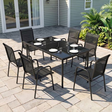 Salon de Jardin 6 Personnes Ensemble Table et Chaises Jardin avec Chaises Empilables en Textilène 70x51x87cm Noir (1/5)