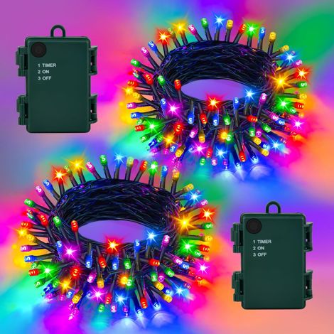 Lot de 2 guirlandes lumineuses d'extérieur à piles - 10 m - 100 LED - Multicolore - Avec minuterie - Étanche - Pour sapin de Noël, chambre à coucher, jardin - Décoration intérieure (1/5)