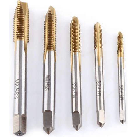 5-teiliges Set titanbeschichteter HSS-Gewindebohrer M3 M4 M5 M6 M8 mit Vorwärts-Spanauswurf