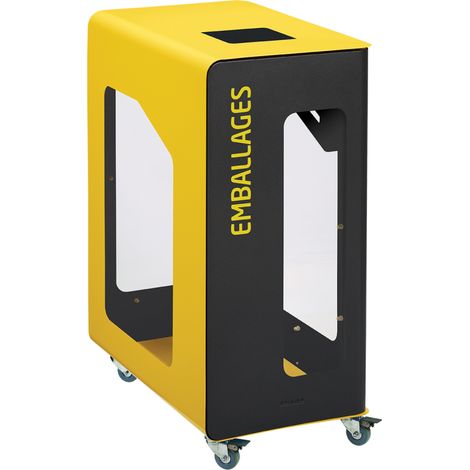 Borne de tri sélectif Cubatri Vigipirate à roulettes, sans serrure - emballages - 90l - gris manganèse / jaune colza - RAL 1021 (1/3)