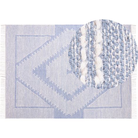 Alfombra de algodón azul blanco crema 160 x 230 cm geométrico tribal borlas Ansar