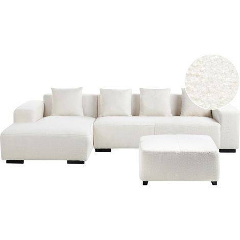 Corner Sofa 4 Seater LUNGO Boucle White with Ottoman Right Hand (1/5)
