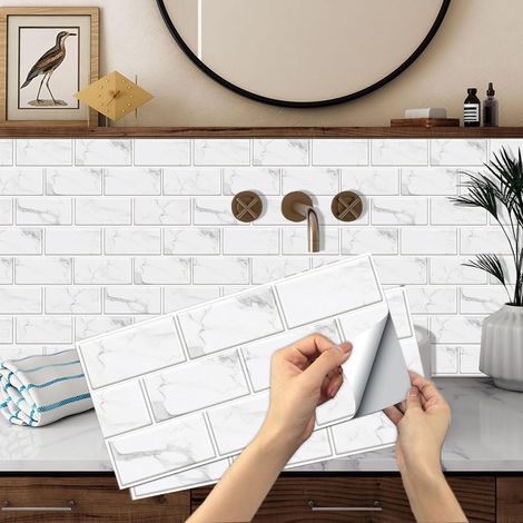 Stickers Carrelage Credence Adhesive, 12 Pièces Décorative à Carreaux 15x30cm Imperméable en PVC Vintage Tuile Stickers pour Cuisine Salle de Bain (1/5)