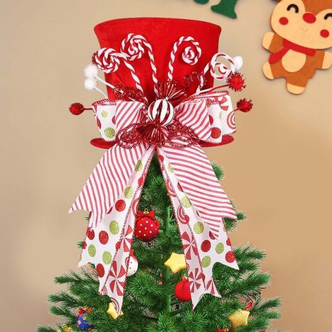 Topper Pour Arbre De Noël - Chapeau Haut Rouge En Velours Avec Nœud En Ruban Menthe - 20 x 27 cm - 1 Pièce (1/5)